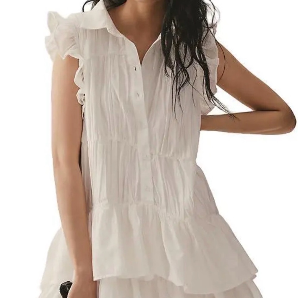 NWOT Anthropologie Sleeveless Ruffle Shirt Mini Dress—White